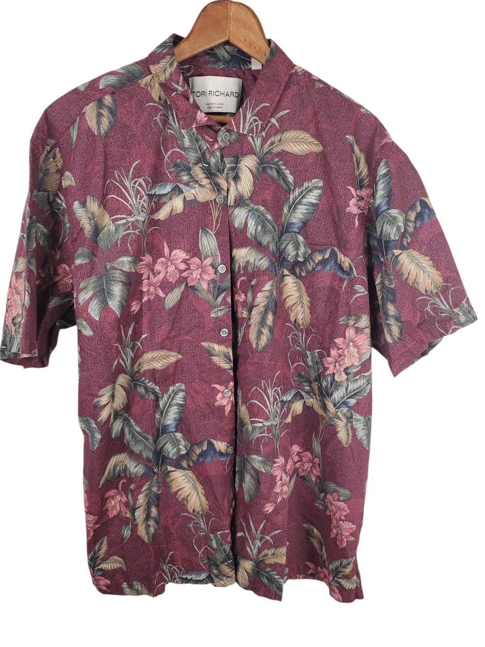 Vtg Tori Richard Hawaiian Shirt Men XL Maroon Cotton Lawn Orchid Floral. #360